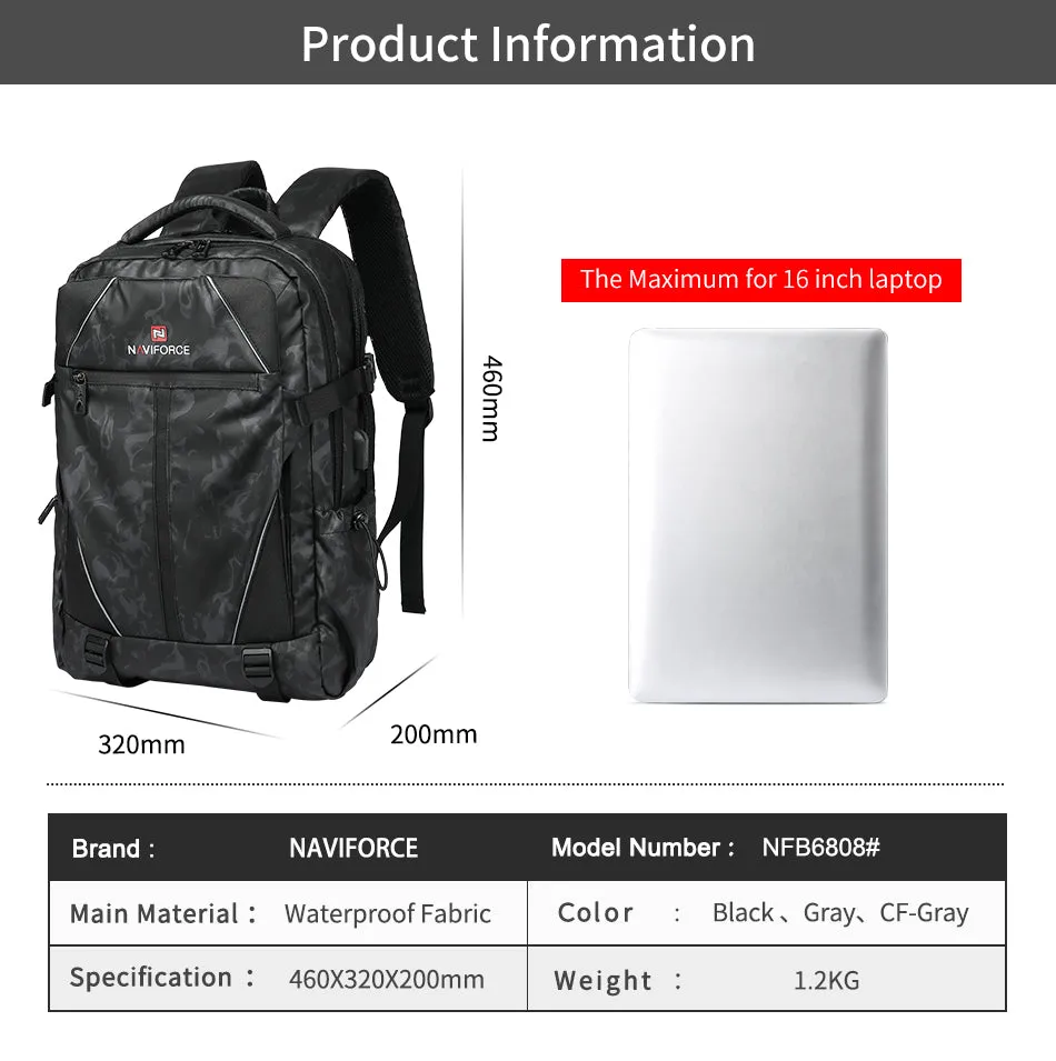 NAVIFORCE Fashion Backpacks Large Capacity Business Casual Travel USB Charging Bag Laptop Notebook Backpack NFB6808