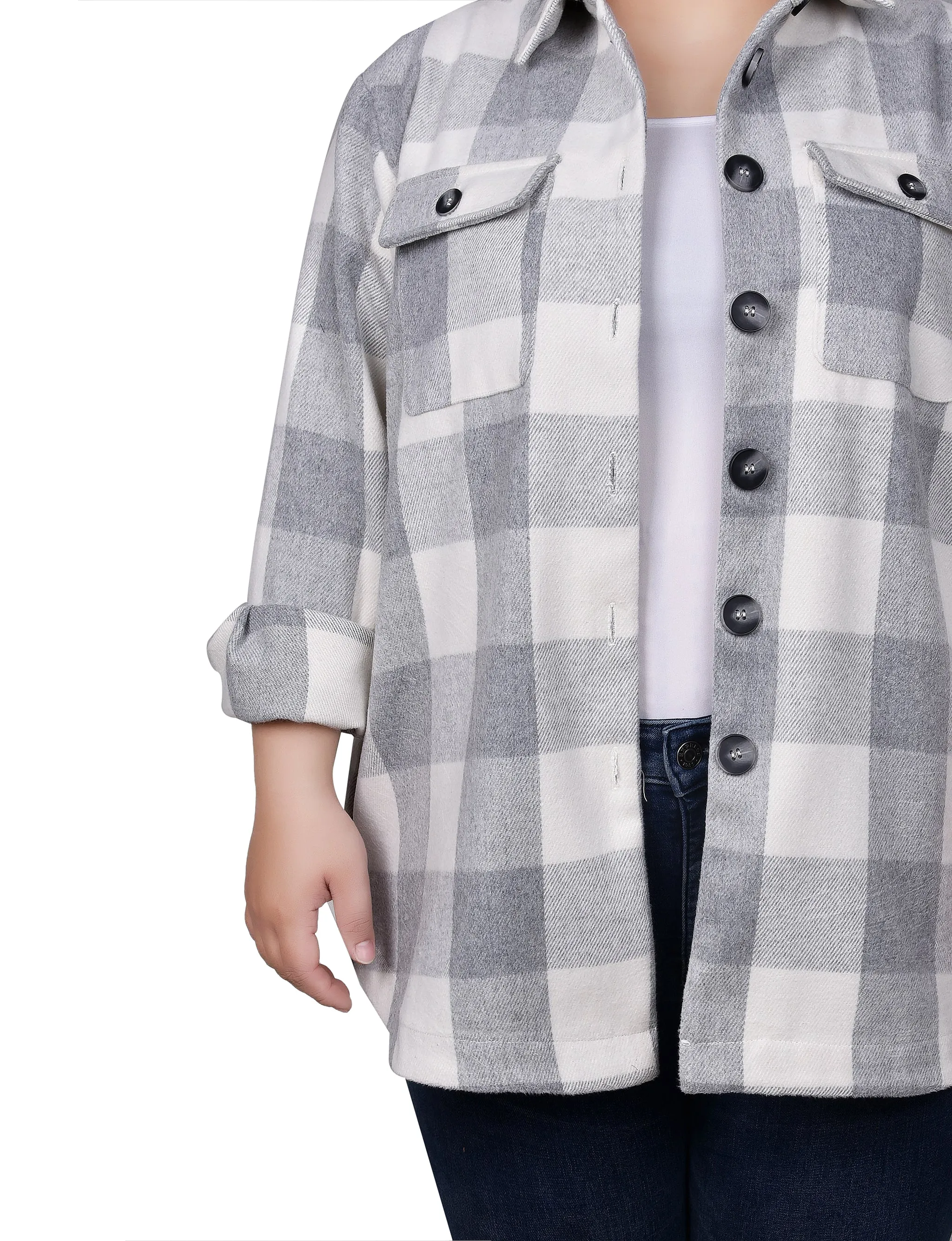 Plus Size Long Sleeve Calf-Length Twill Shirtjacket