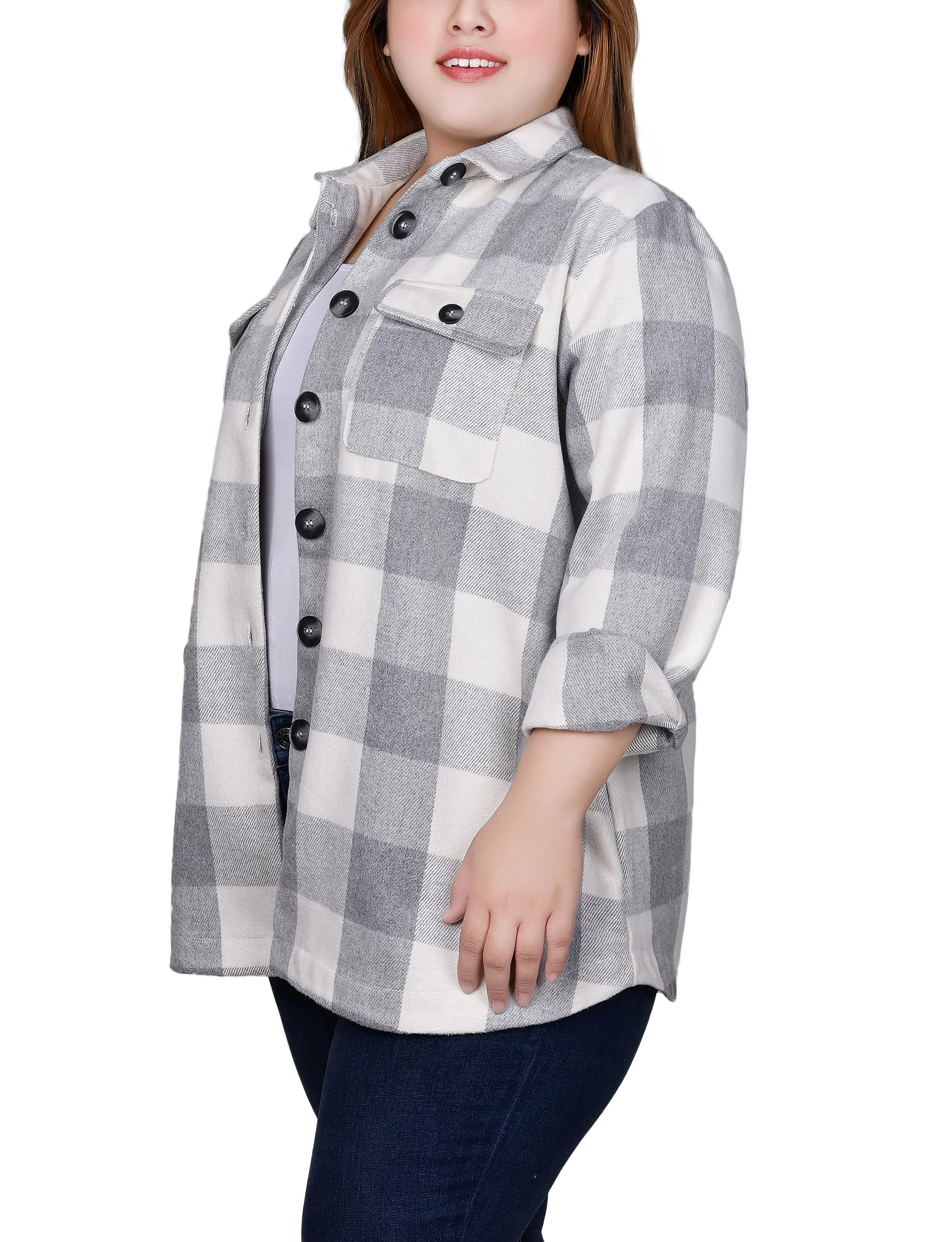 Plus Size Long Sleeve Calf-Length Twill Shirtjacket