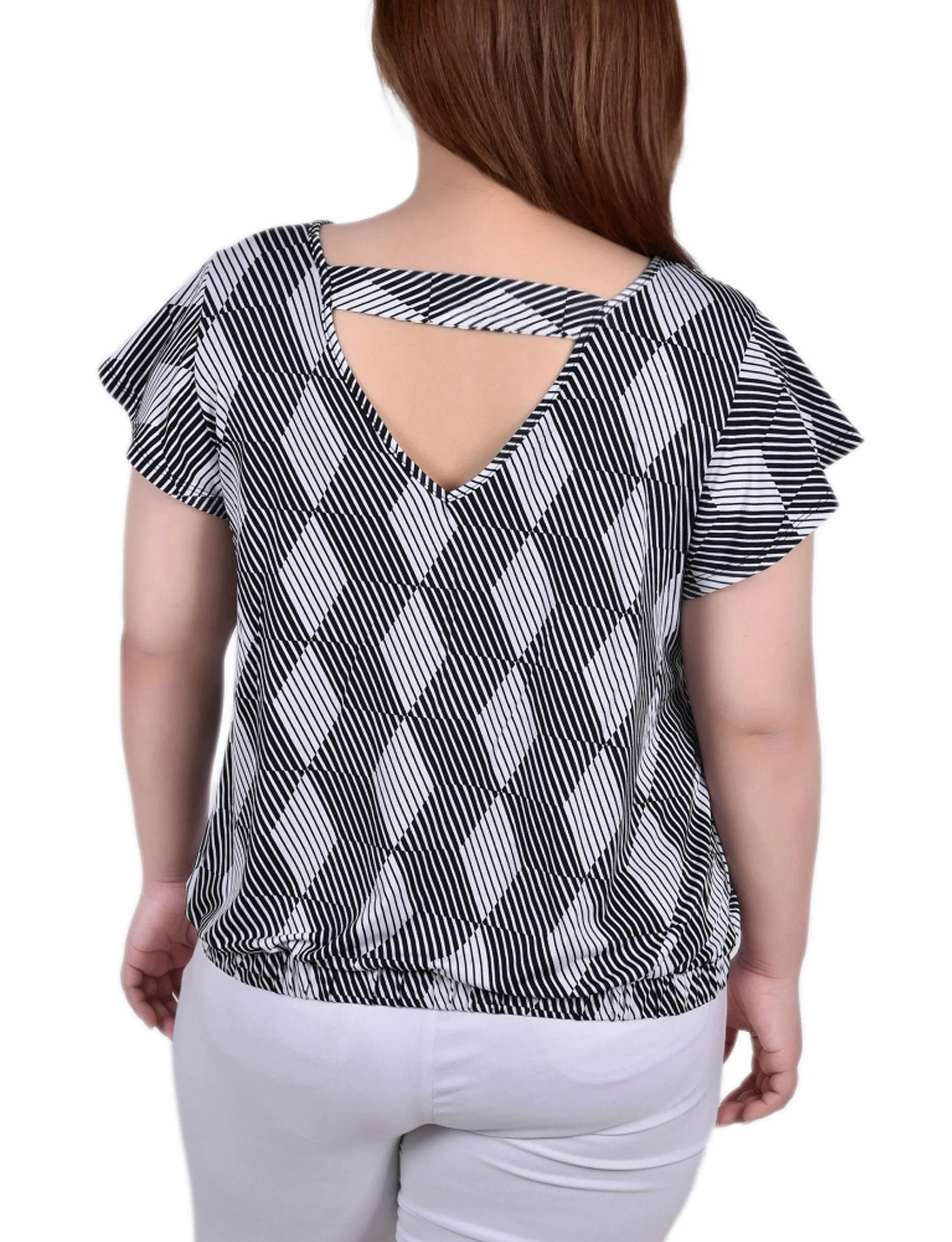 Plus Size Short Flutter Sleeve Top With Studded Neckline