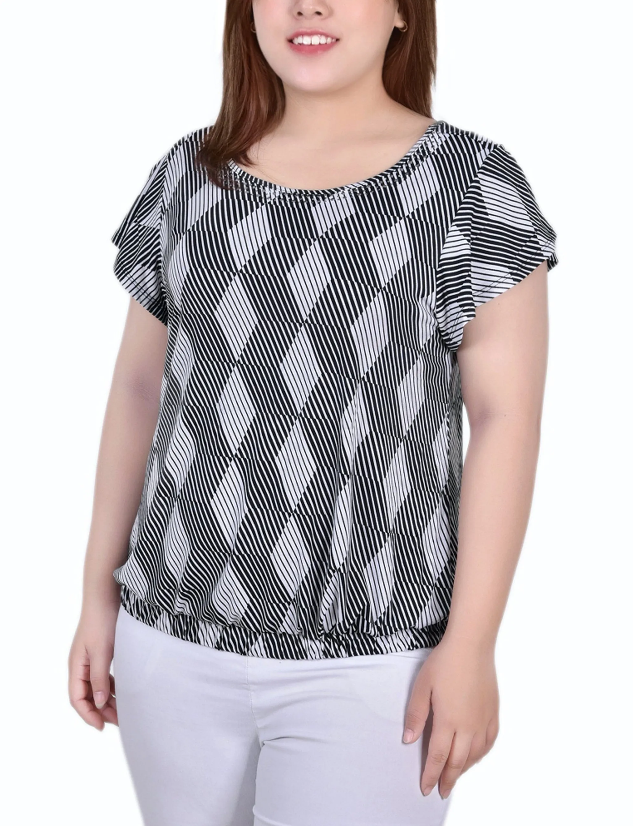 Plus Size Short Flutter Sleeve Top With Studded Neckline