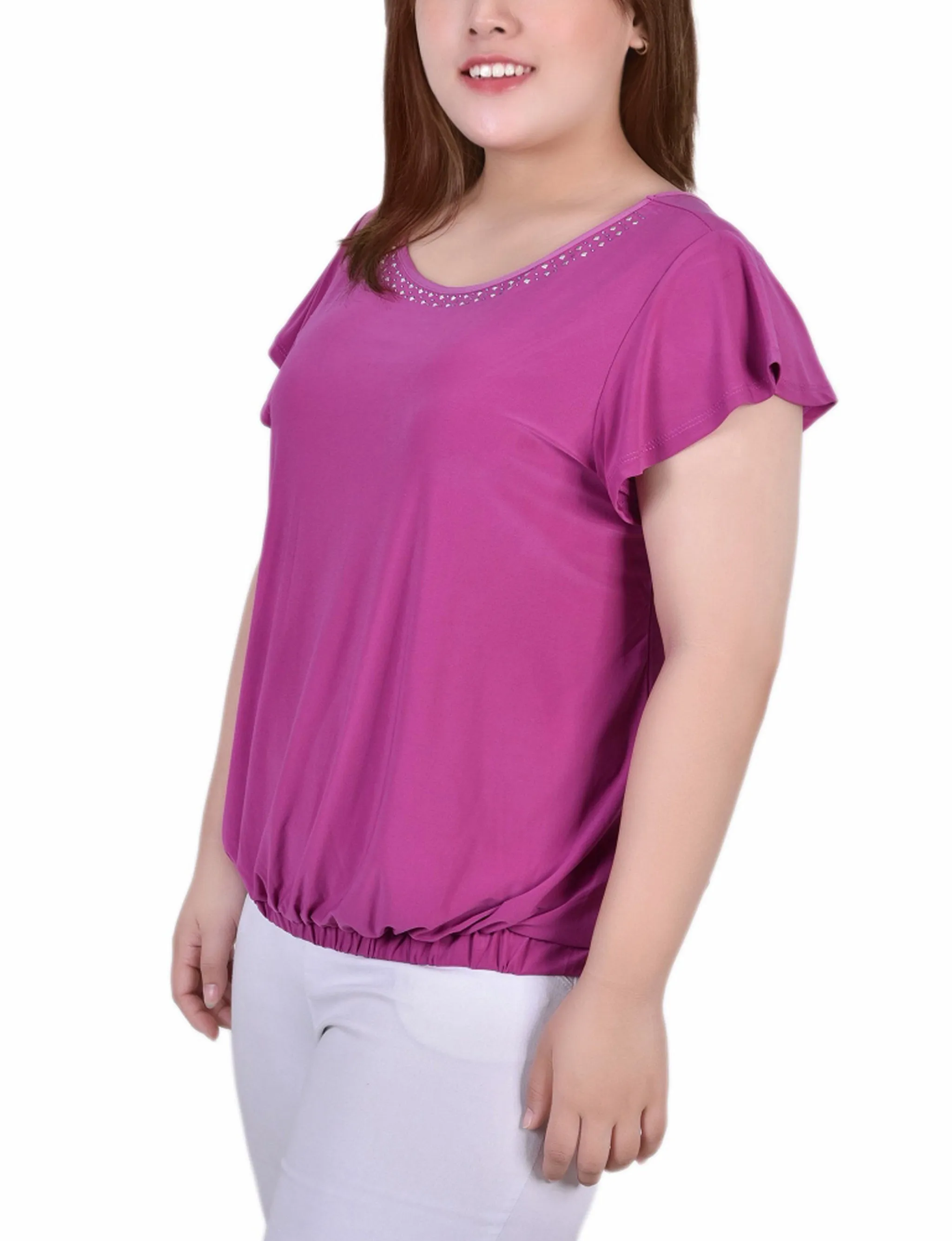 Plus Size Short Flutter Sleeve Top With Studded Neckline