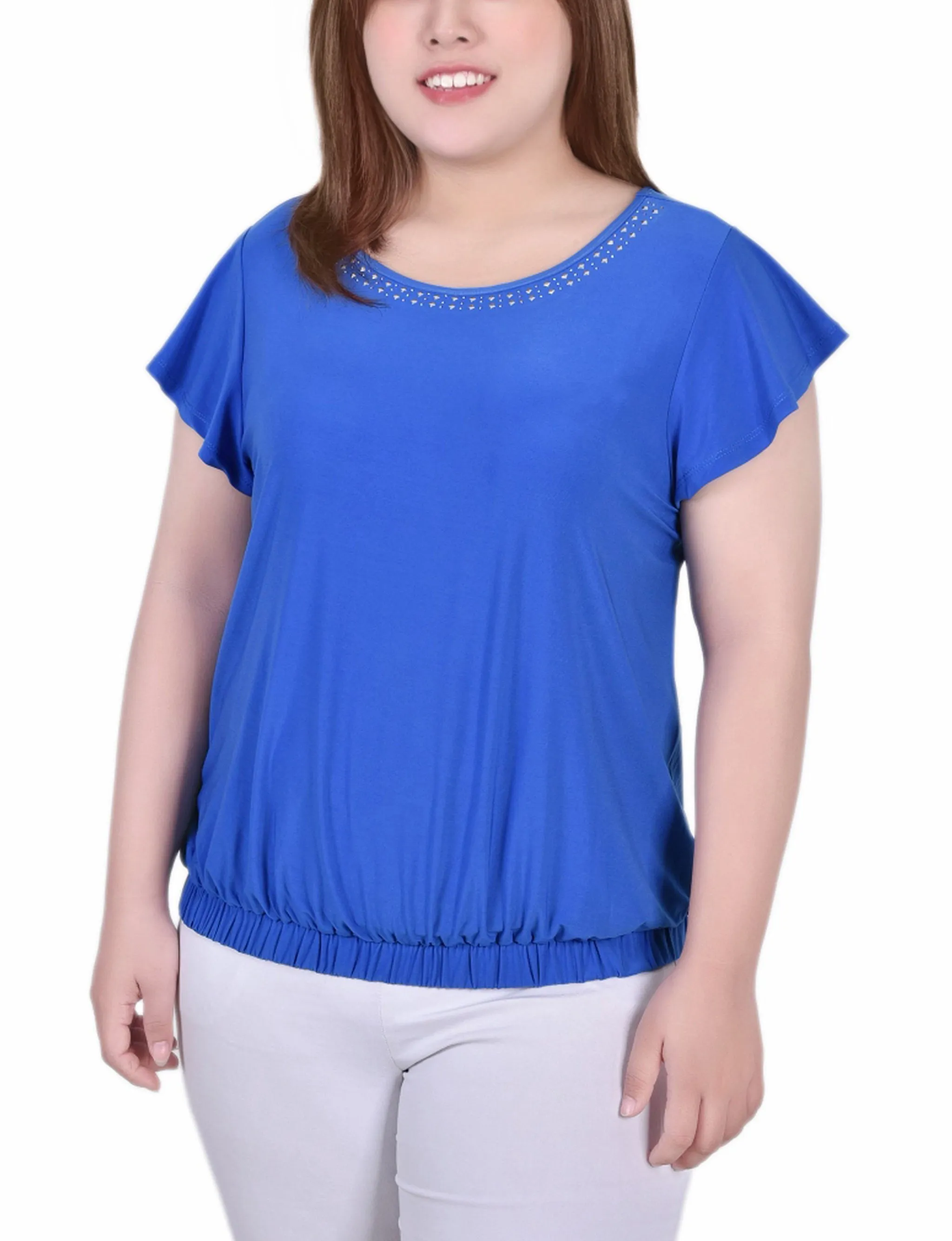 Plus Size Short Flutter Sleeve Top With Studded Neckline