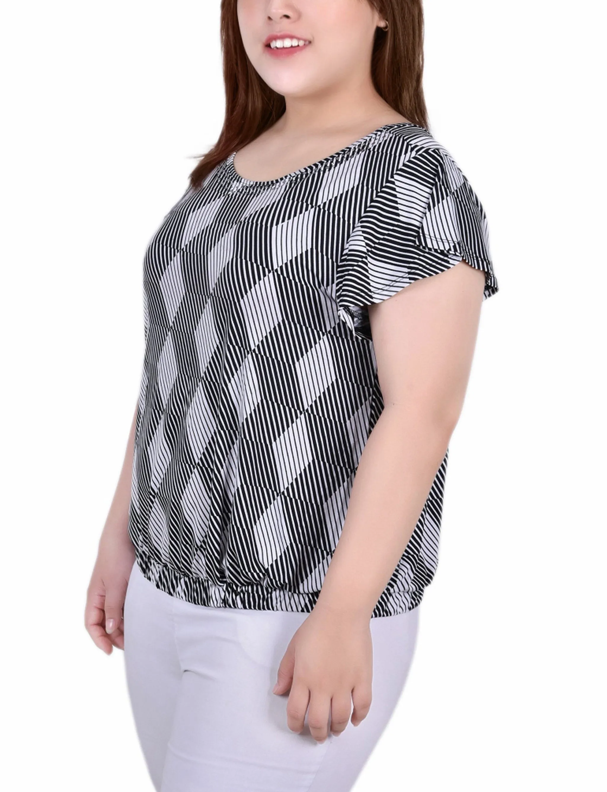 Plus Size Short Flutter Sleeve Top With Studded Neckline