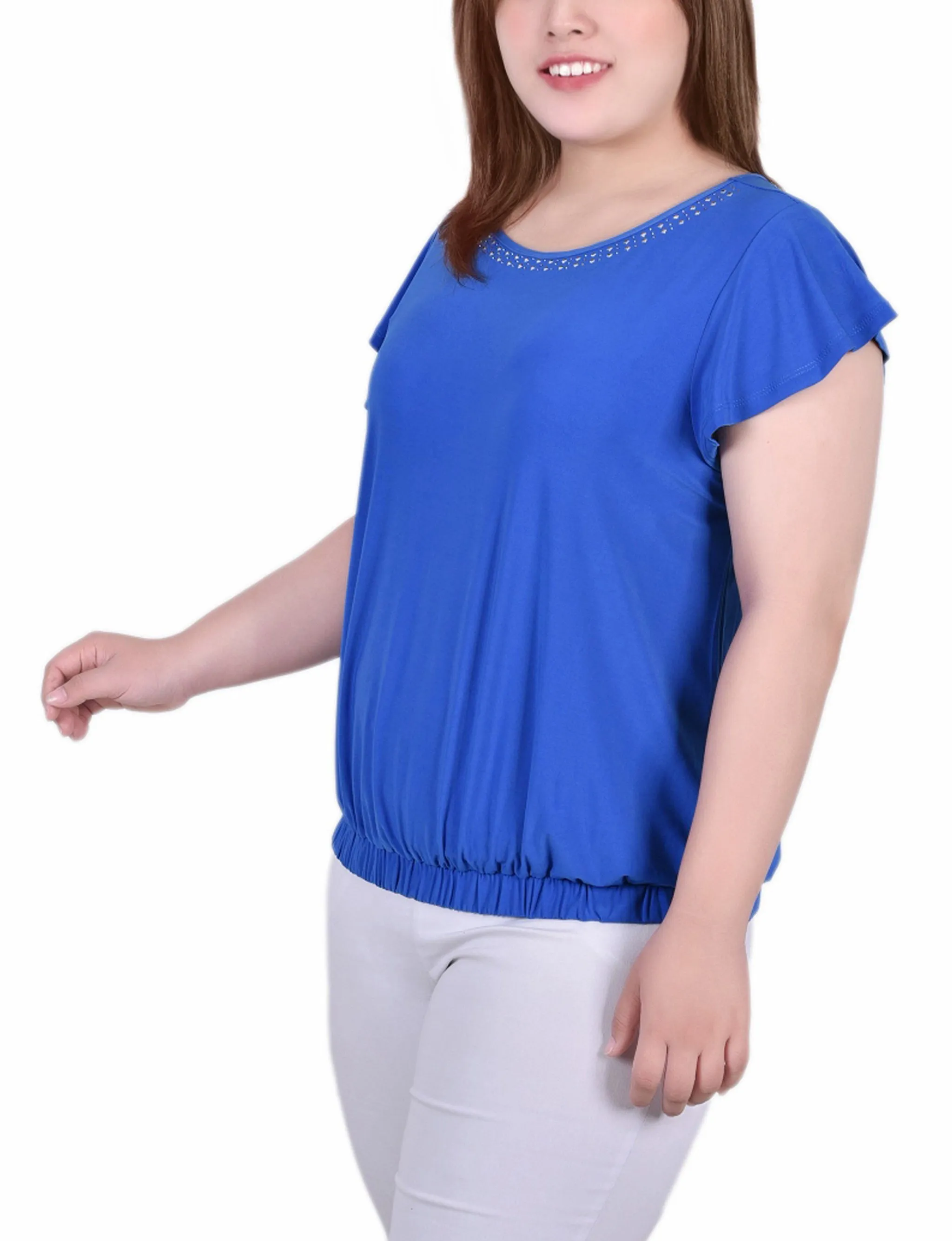 Plus Size Short Flutter Sleeve Top With Studded Neckline