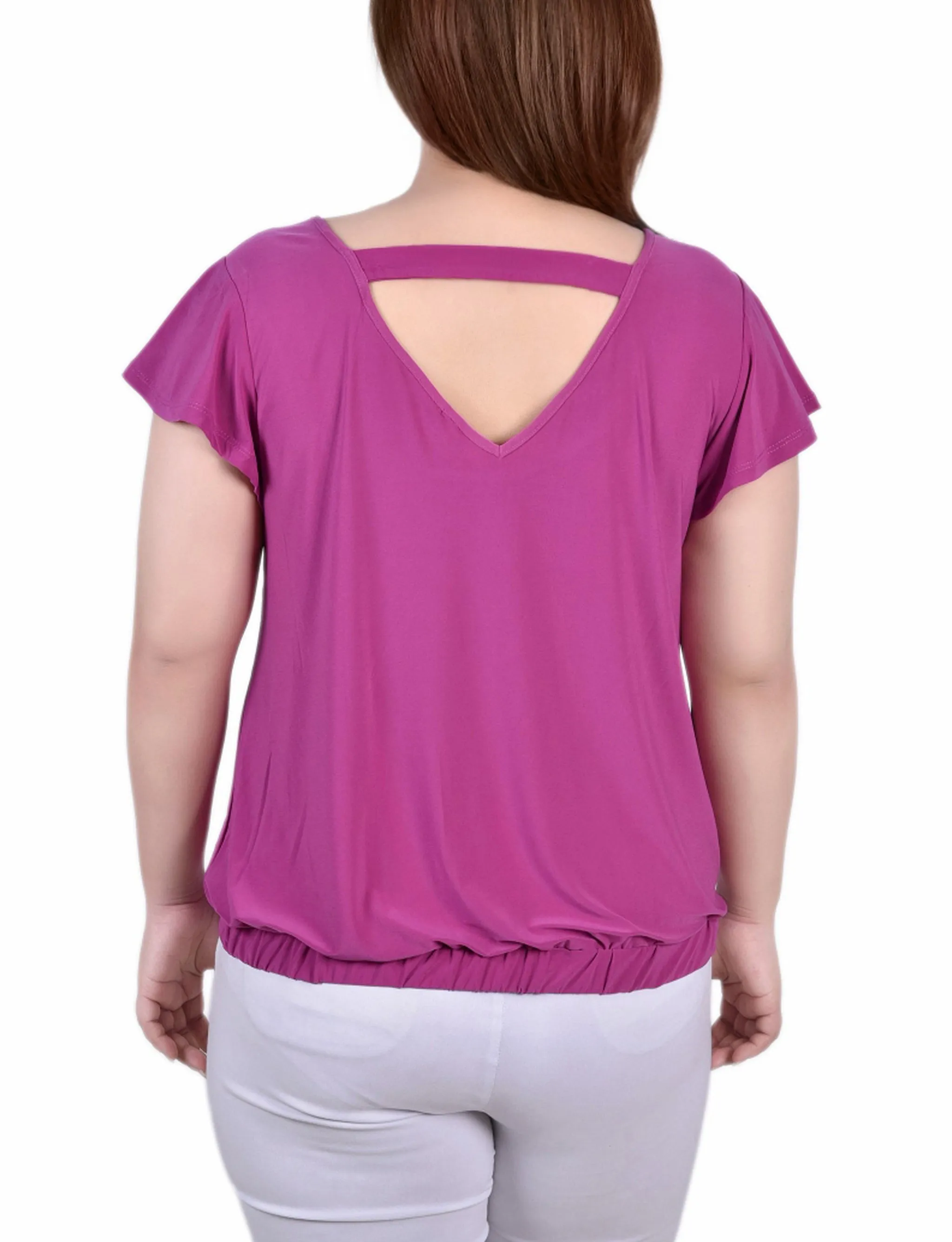 Plus Size Short Flutter Sleeve Top With Studded Neckline