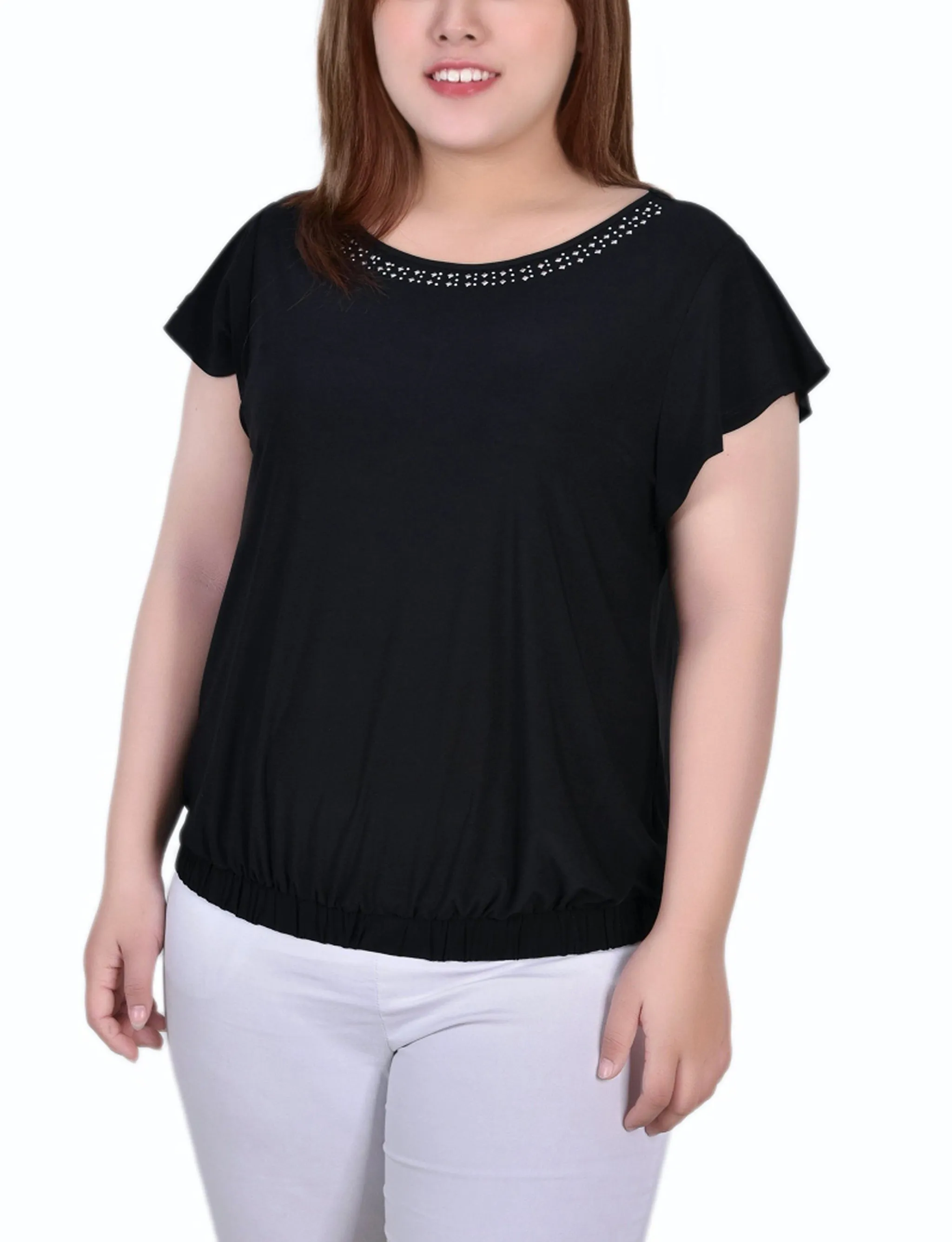 Plus Size Short Flutter Sleeve Top With Studded Neckline