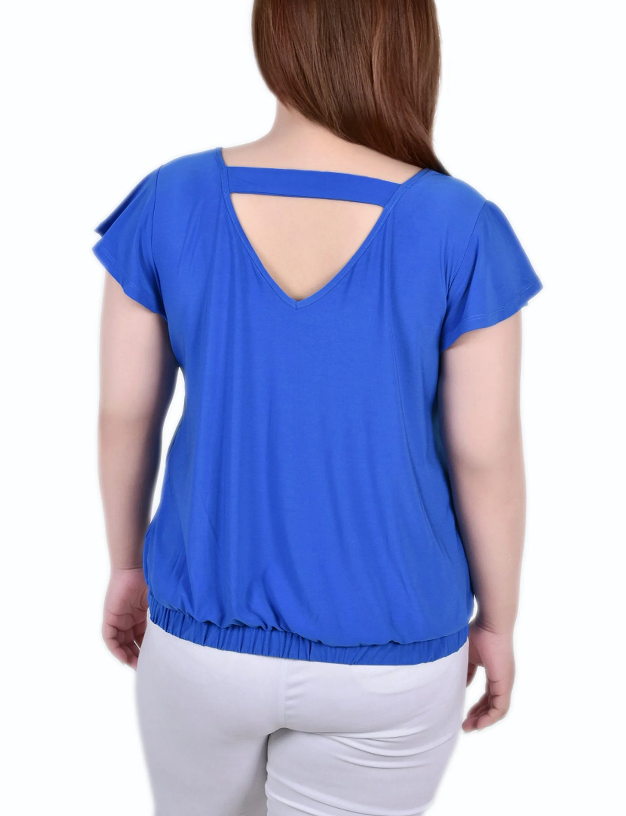 Plus Size Short Flutter Sleeve Top With Studded Neckline