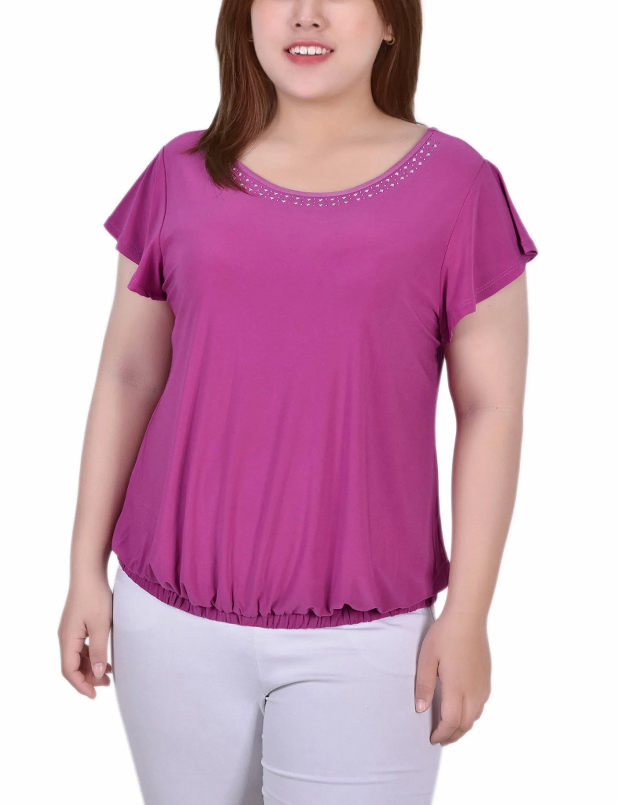 Plus Size Short Flutter Sleeve Top With Studded Neckline