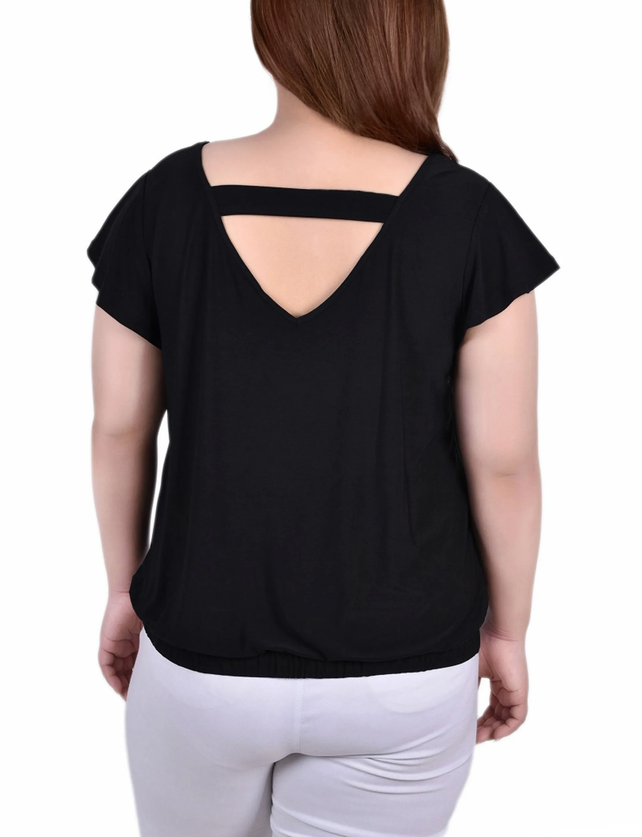 Plus Size Short Flutter Sleeve Top With Studded Neckline