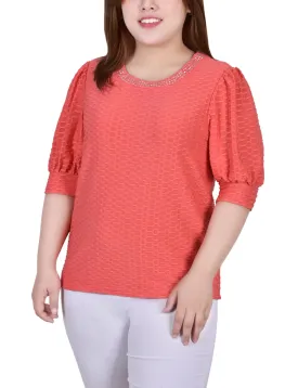 Plus Size Short Puff Sleeve Honeycomb Top