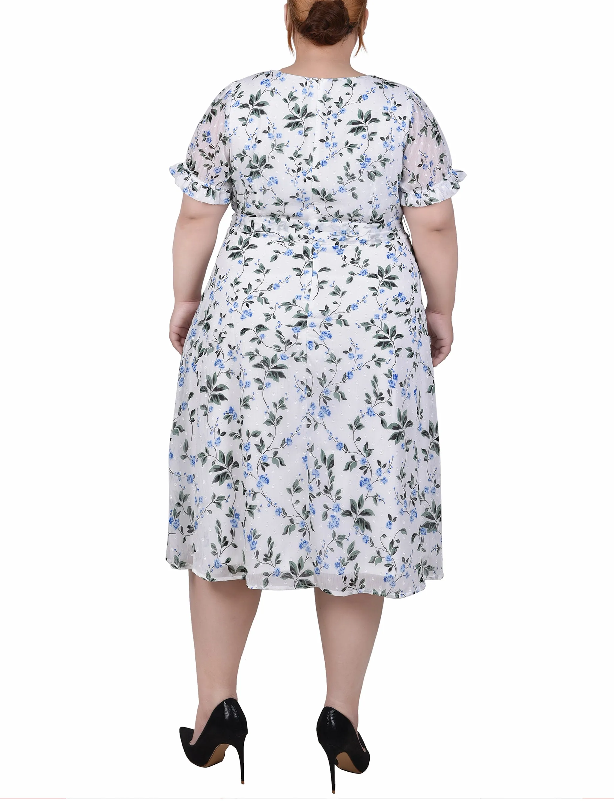 Plus Size Short Sleeve Belted Swiss Dot Dress