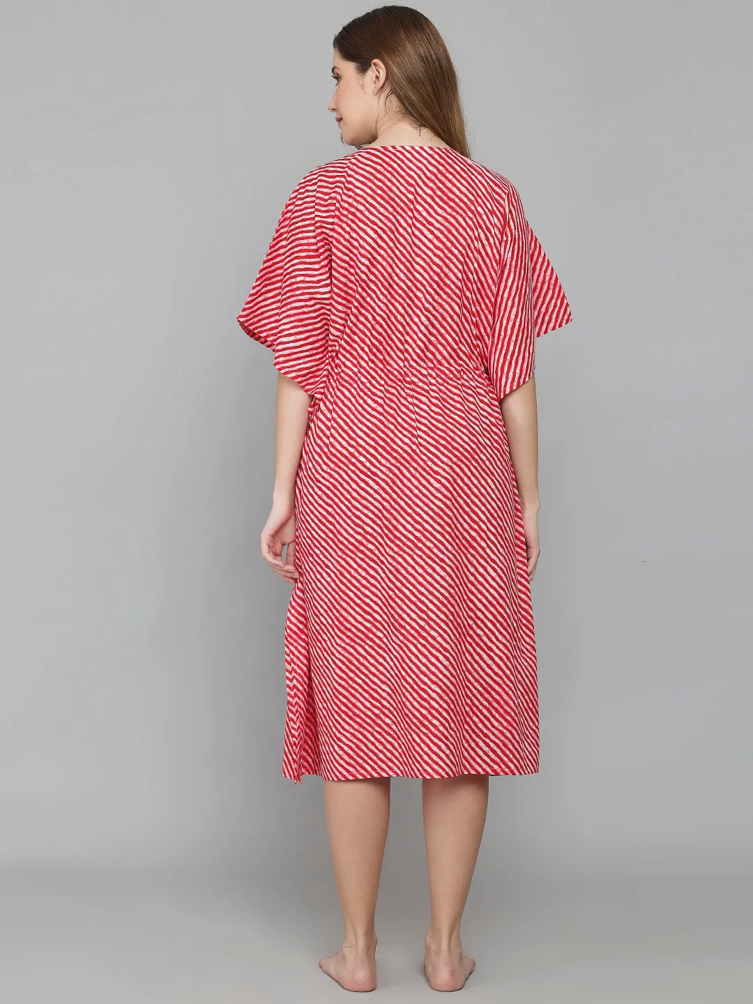 Red and White Leheriya Print Cotton Kaftan