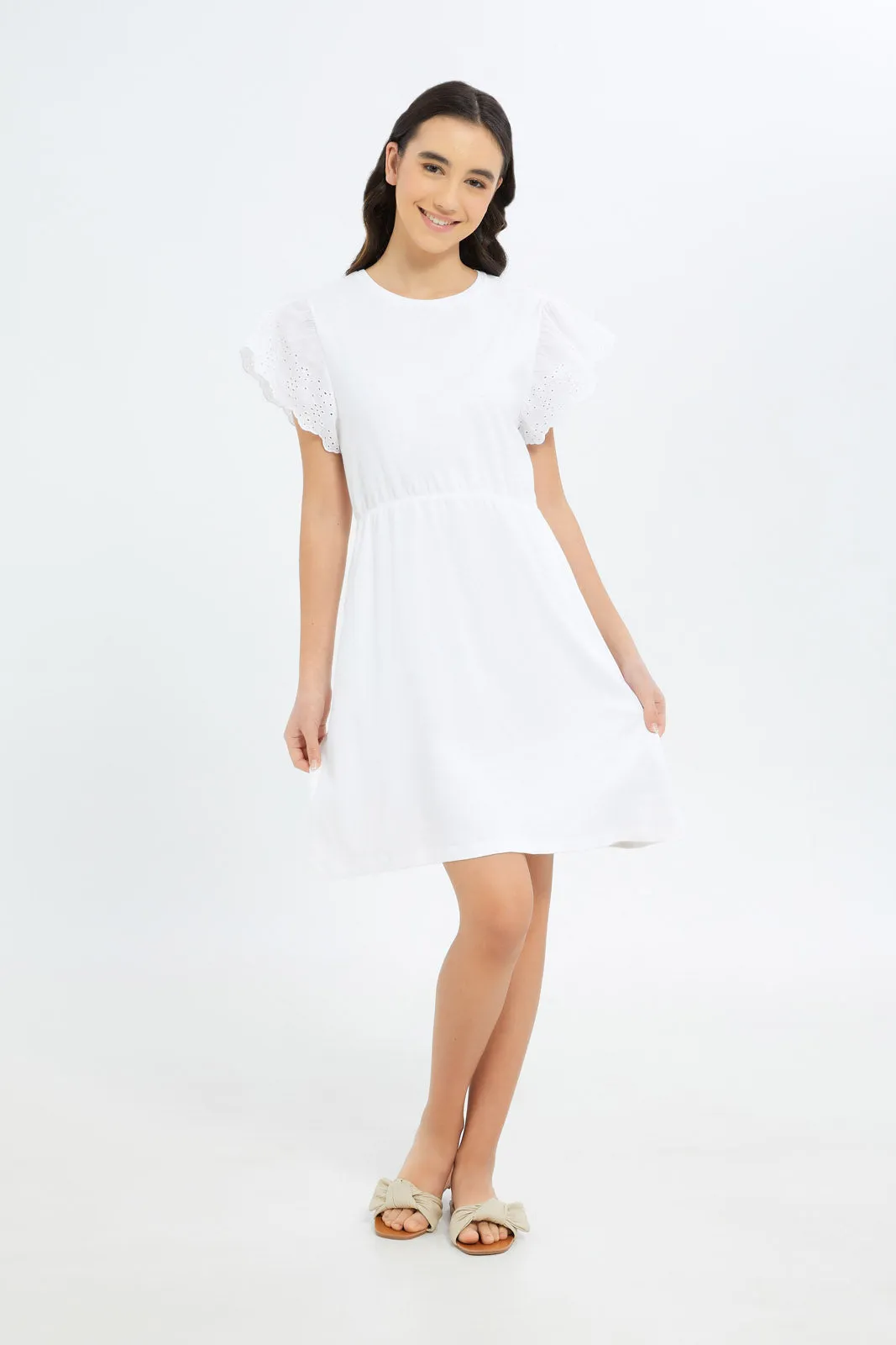 Senior Girls White Basic Knitted Chiffly Dress