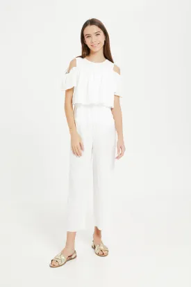 Senior Girls White Jacquard Jumpsuit