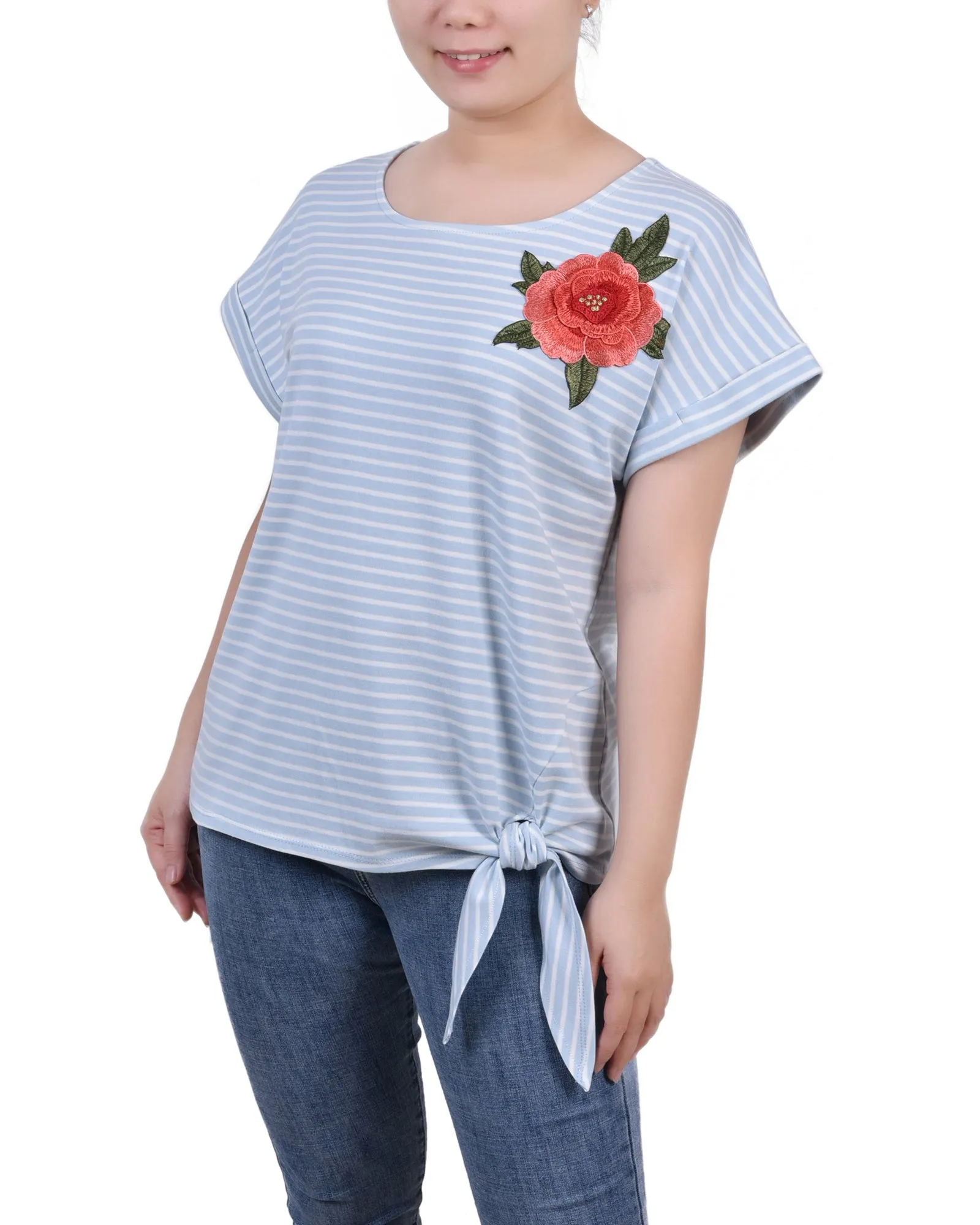 Short Sleeve Embroidered Tie Front Top