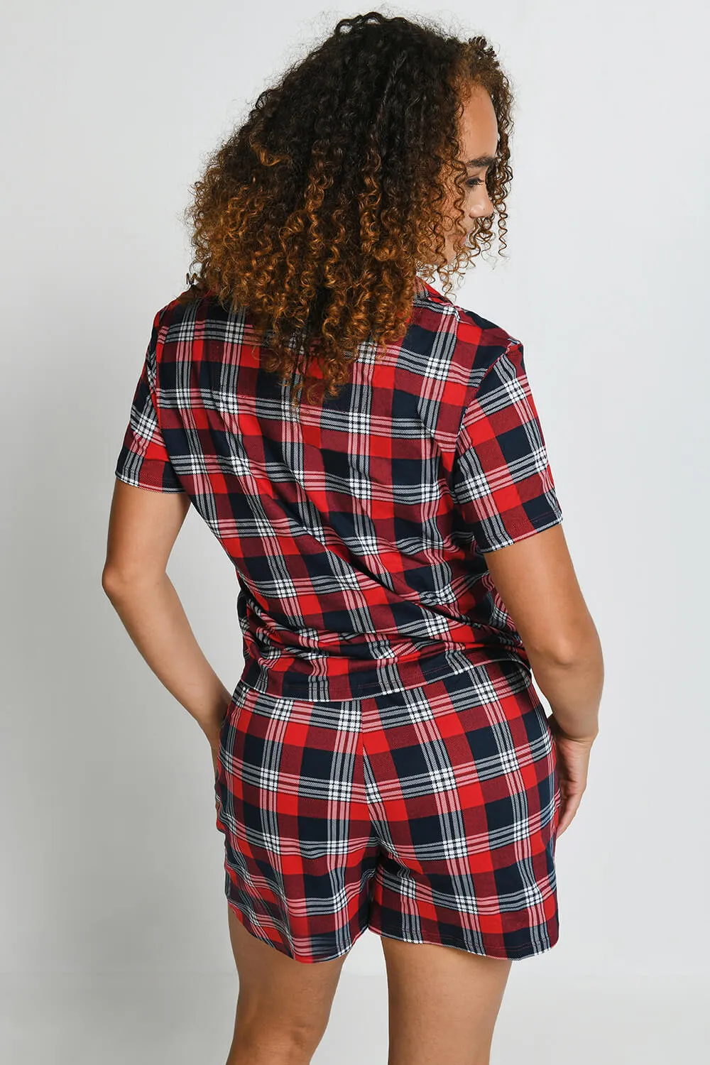 Soft Touch Button Up Short Pyjama Set - Navy & Red Check