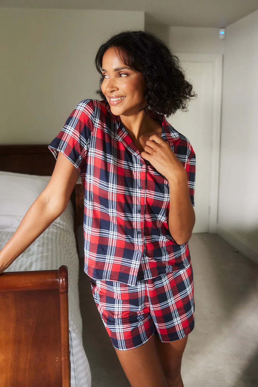 Soft Touch Button Up Short Pyjama Set - Navy & Red Check