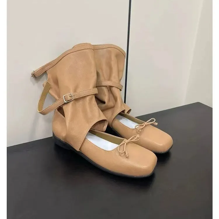 South Korea Niche Ballet Style Sandal Boots Women's  Summer New round Toe Bowknot Short Boots Hollow out Western Pile Style Boots