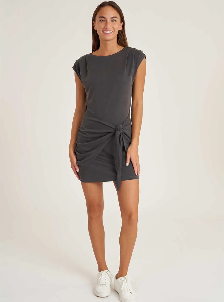 Thrive Société Women's Pleated Shoulder Tie Mini Dress - Charcoal Grey