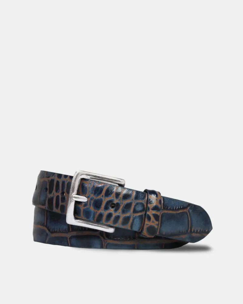 Two-Toned Embossed Crocodile Belt in Indigo Tan Leather