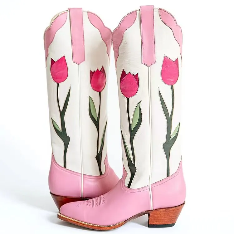 VCSHOES Pink Tulips Below The Knee Heeled Cowboy Boots for Women