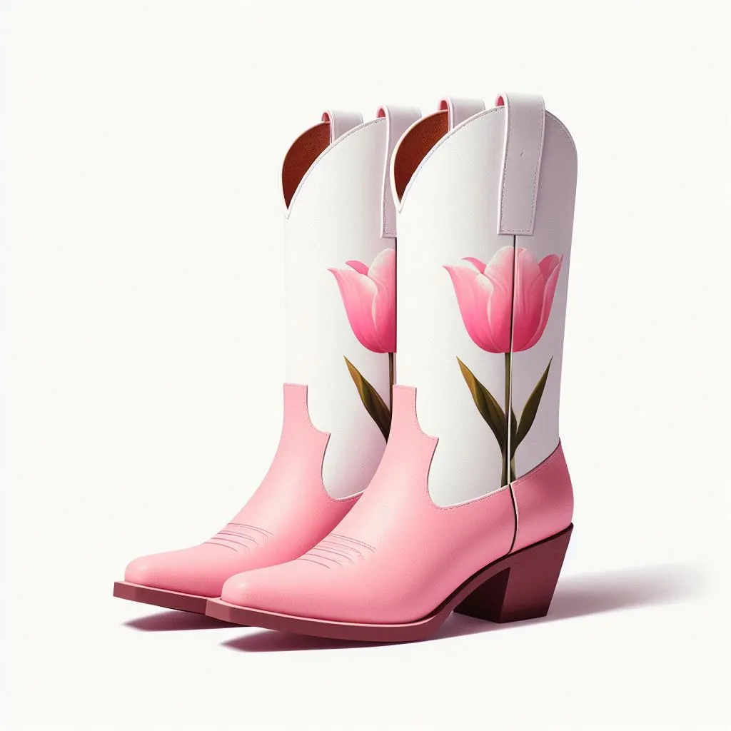 VCSHOES Pink Tulips Below The Knee Heeled Cowboy Boots for Women