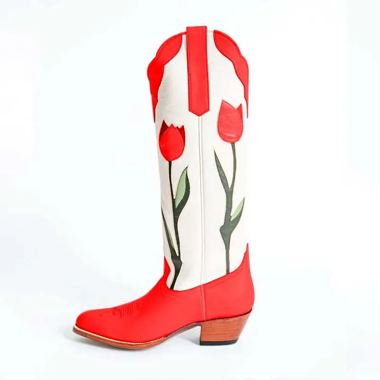 VCSHOES Pink Tulips Below The Knee Heeled Cowboy Boots for Women