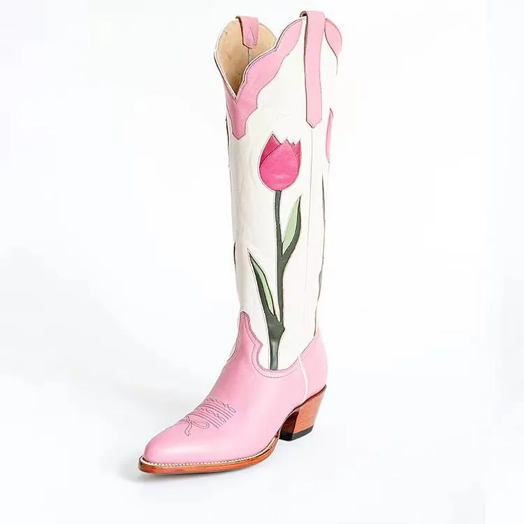 VCSHOES Pink Tulips Below The Knee Heeled Cowboy Boots for Women