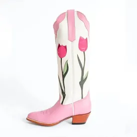 VCSHOES Pink Tulips Below The Knee Heeled Cowboy Boots for Women