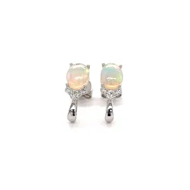 White Ethiopian Opal Stud Earrings with Accent Diamonds in 14K White Gold