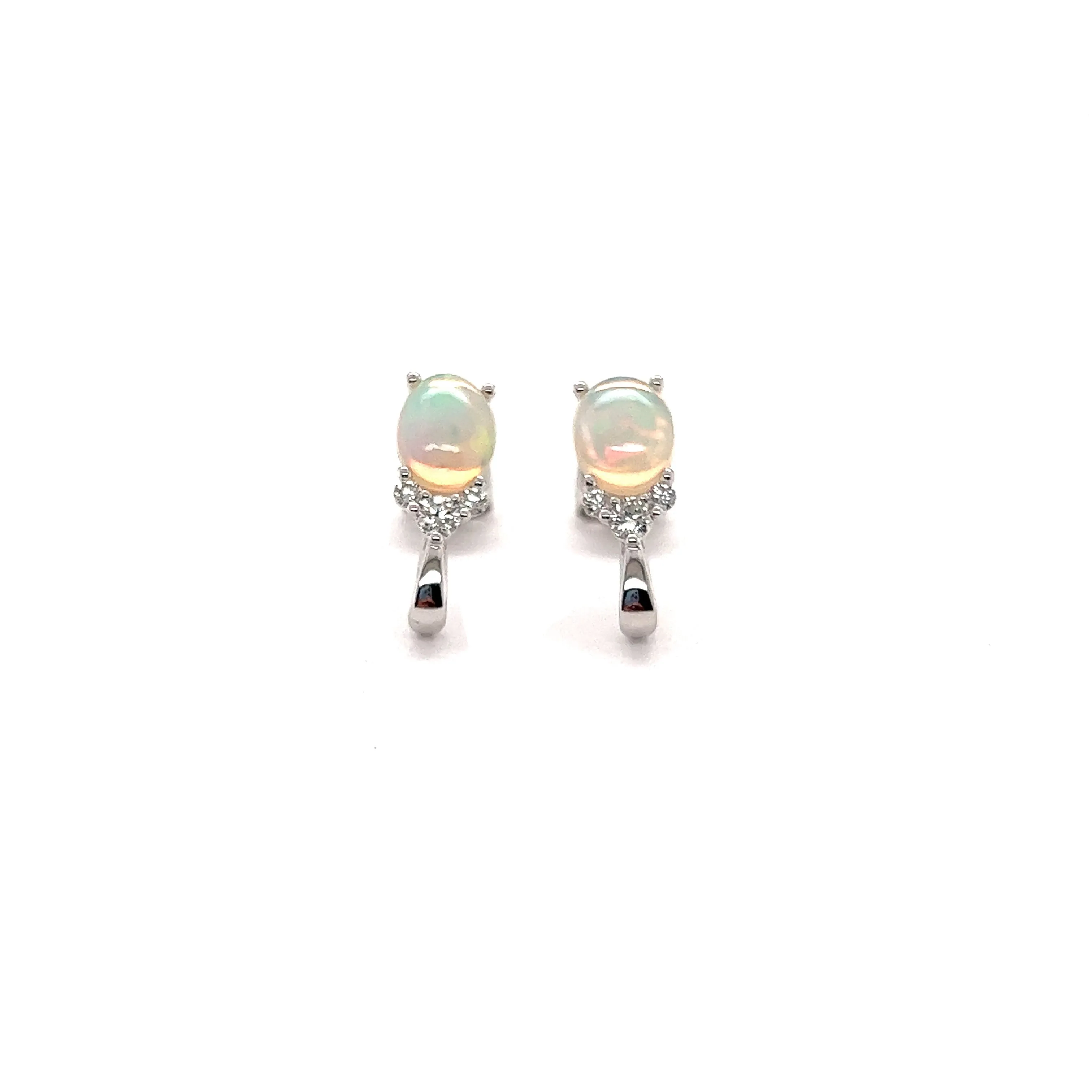 White Ethiopian Opal Stud Earrings with Accent Diamonds in 14K White Gold