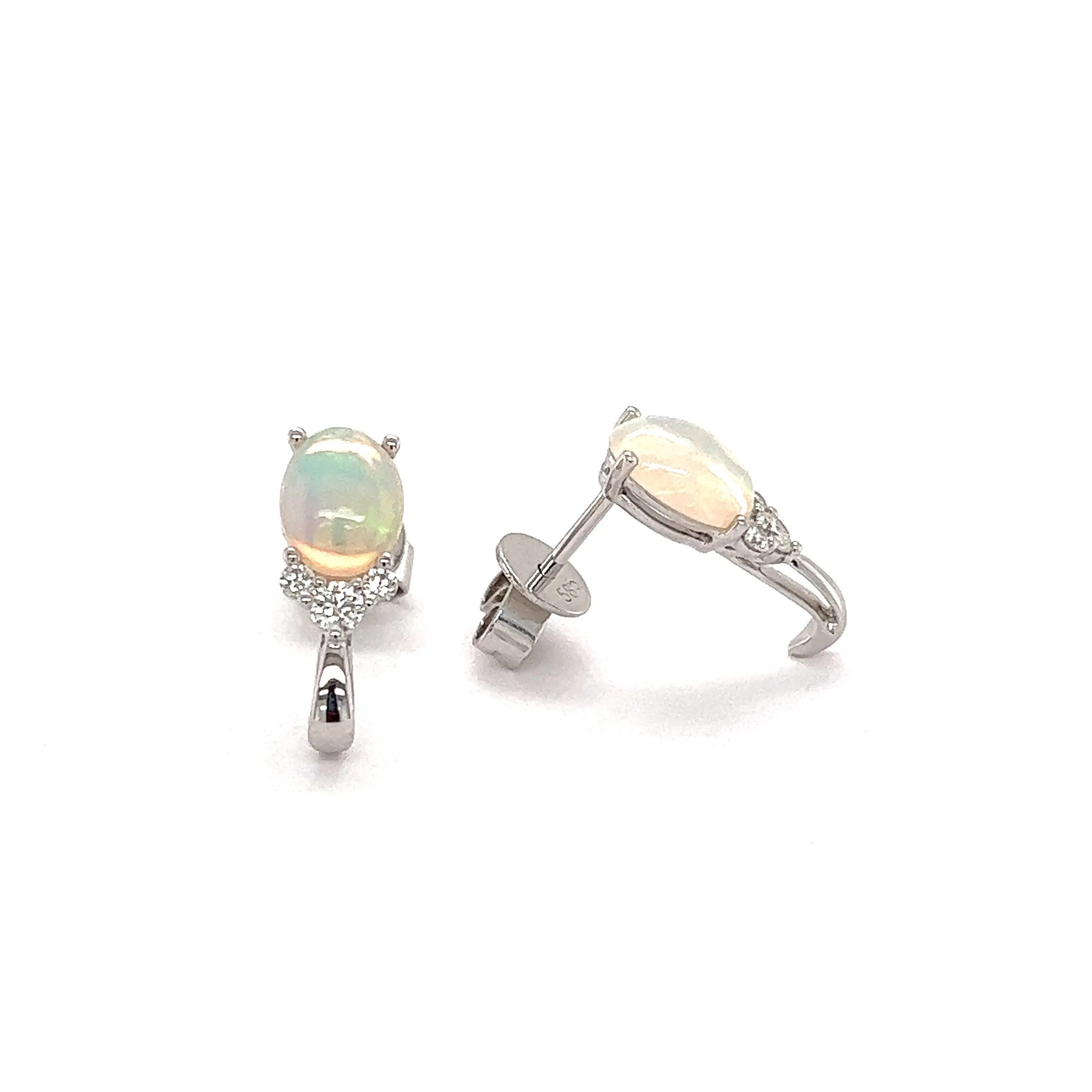 White Ethiopian Opal Stud Earrings with Accent Diamonds in 14K White Gold