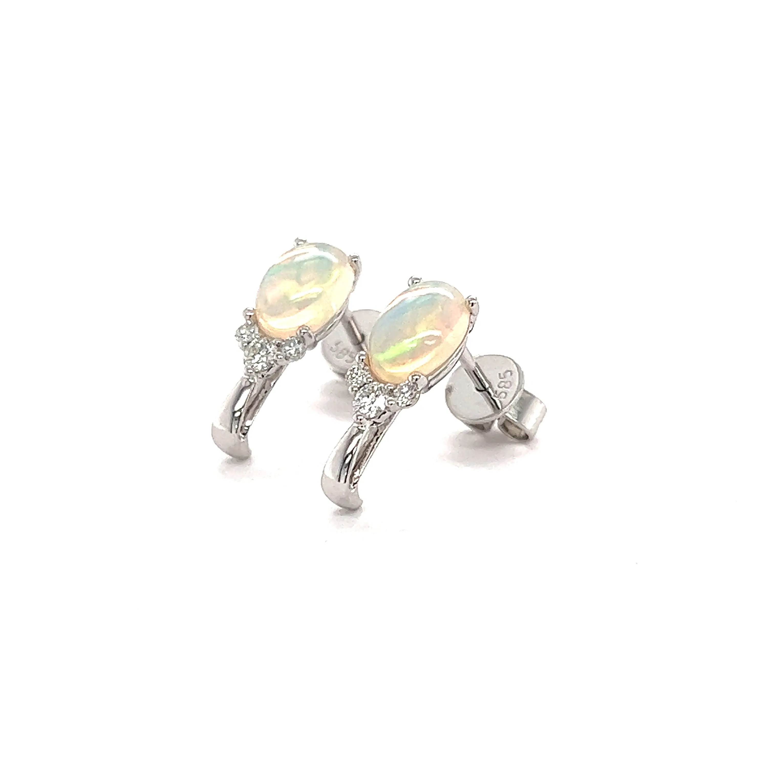 White Ethiopian Opal Stud Earrings with Accent Diamonds in 14K White Gold