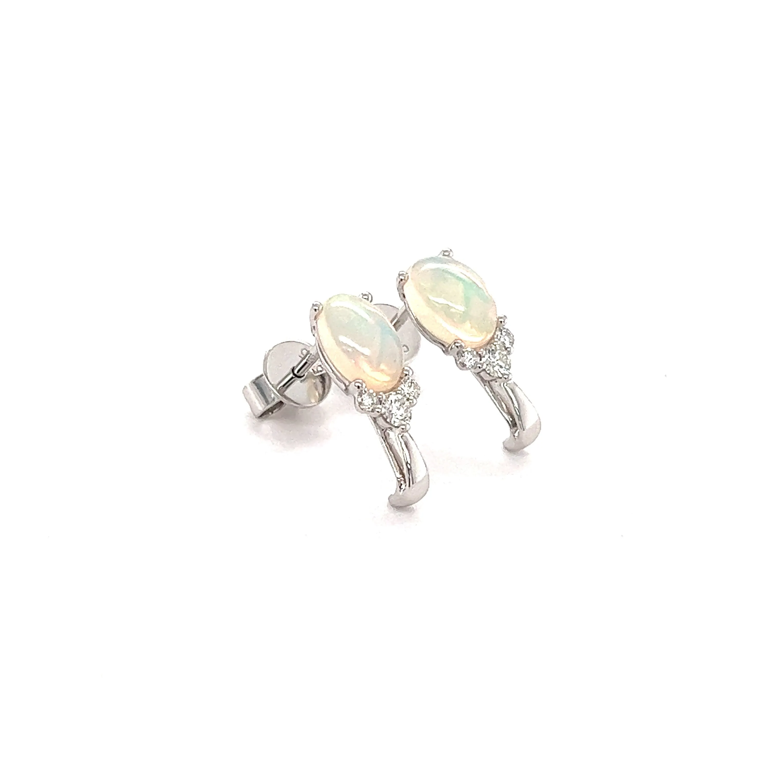 White Ethiopian Opal Stud Earrings with Accent Diamonds in 14K White Gold