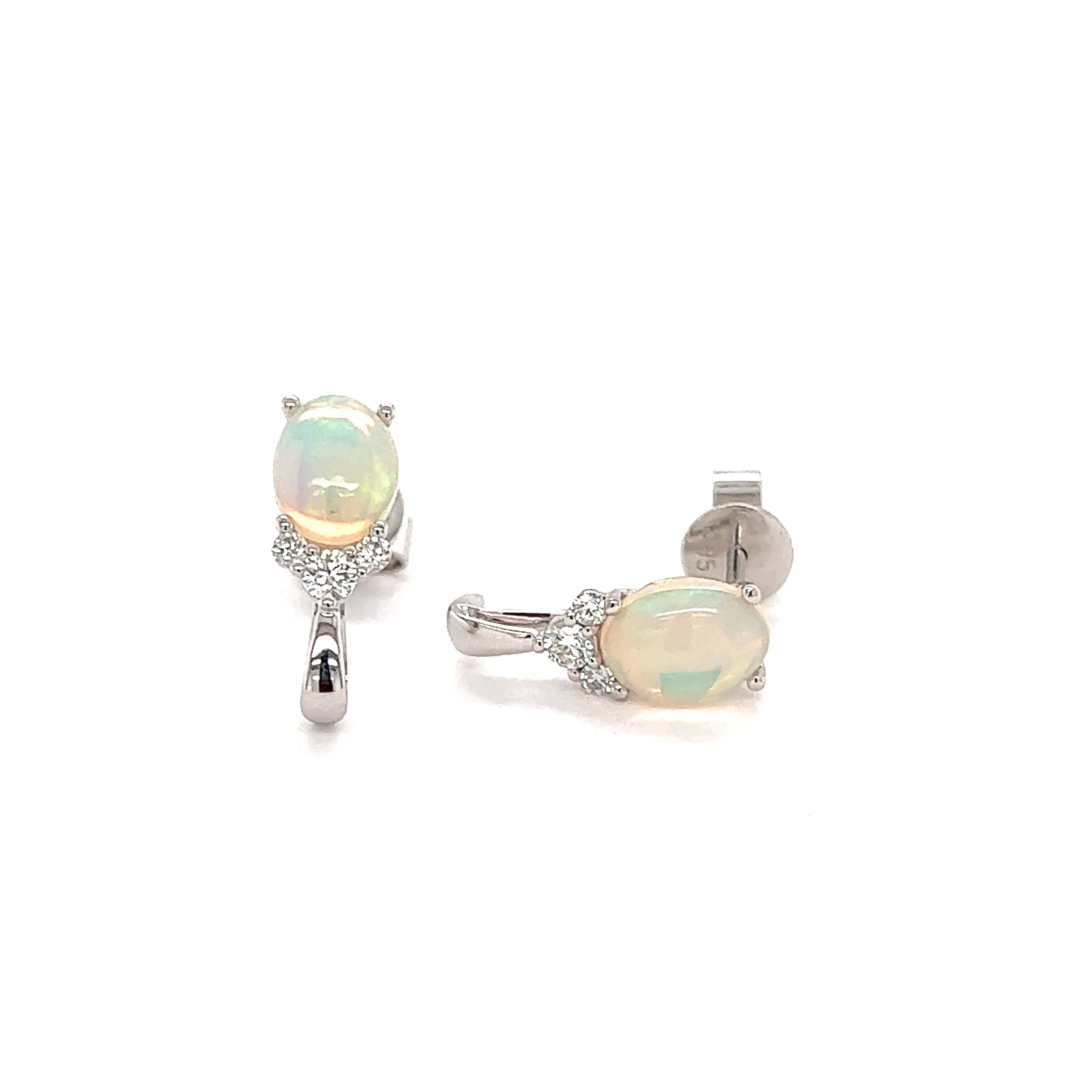 White Ethiopian Opal Stud Earrings with Accent Diamonds in 14K White Gold