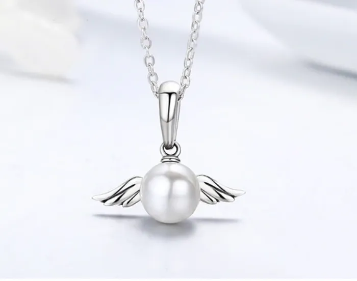 White Pearl Angel Wings Dangle Charm 925 Sterling Silver