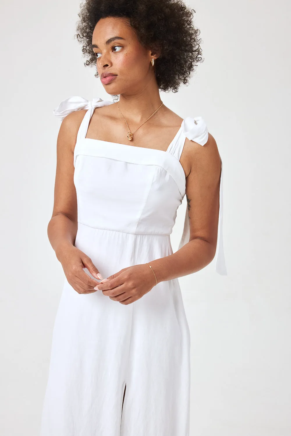 White Tie Shoulder Midi Dress