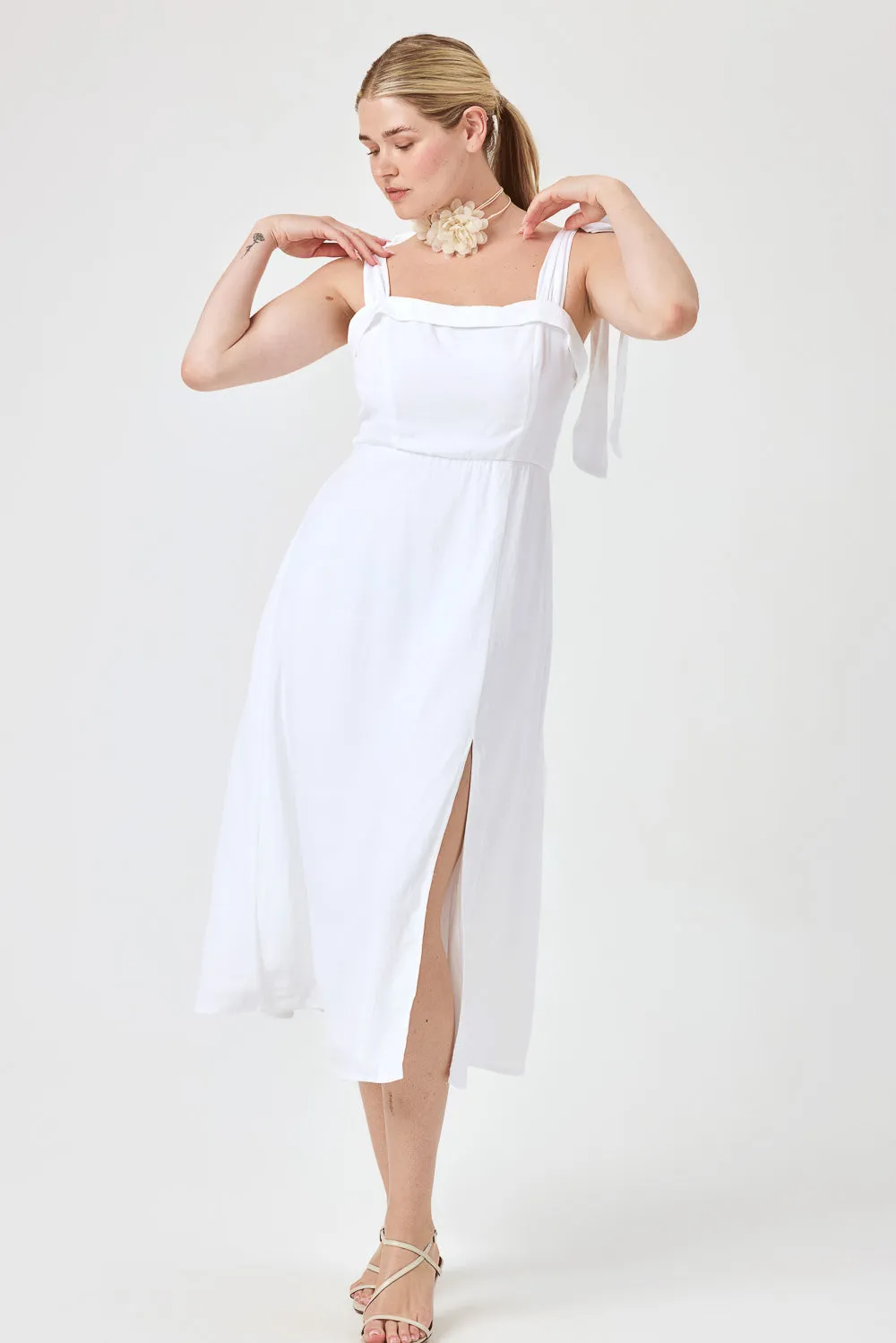 White Tie Shoulder Midi Dress