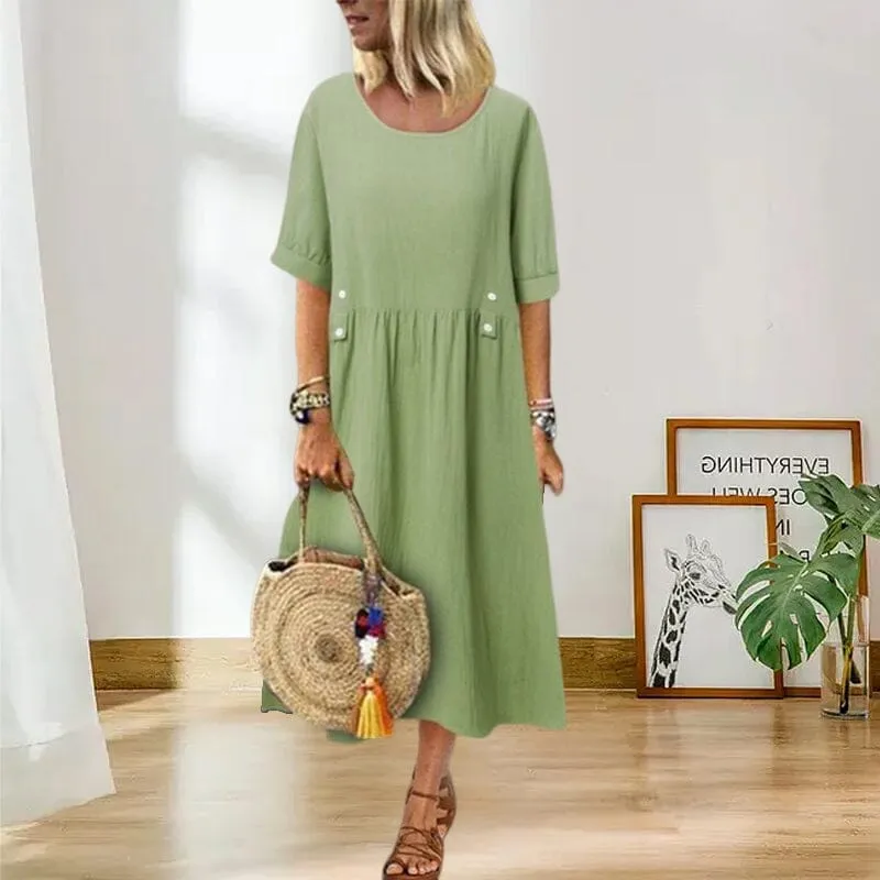 Women's Crew Neck Ruched Button Cotton Linen Dress