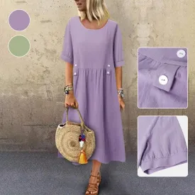 Women's Crew Neck Ruched Button Cotton Linen Dress