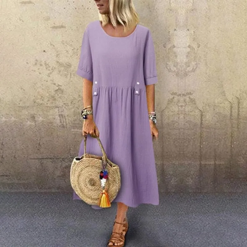 Women's Crew Neck Ruched Button Cotton Linen Dress