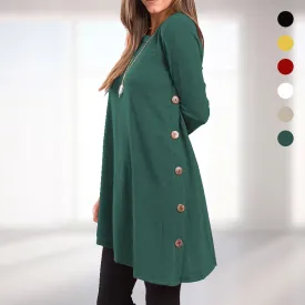 Women's Long Sleeve Scoop Neck Button Side Sweater Tunic Dress