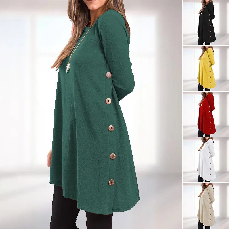 Women's Long Sleeve Scoop Neck Button Side Sweater Tunic Dress